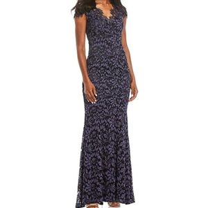 Eliza J V-Neck Illusion Cap Sleeve Lace Mermaid Gown